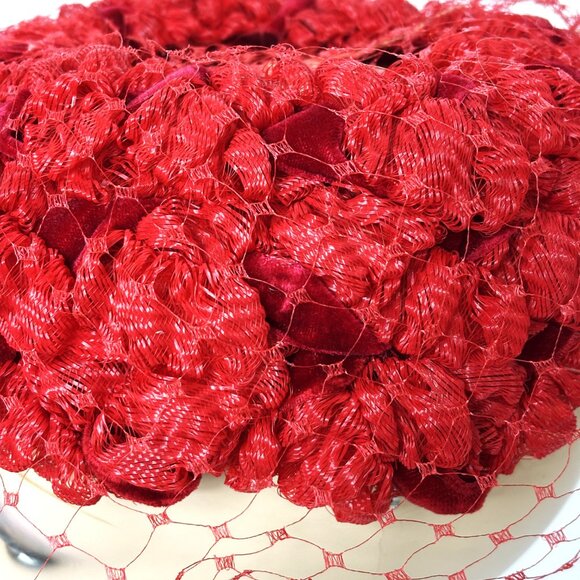 Mid-Century 60’s /clover Lane Red Cellophane Straw & Velvet Ribbon Hat Vintage main image 2